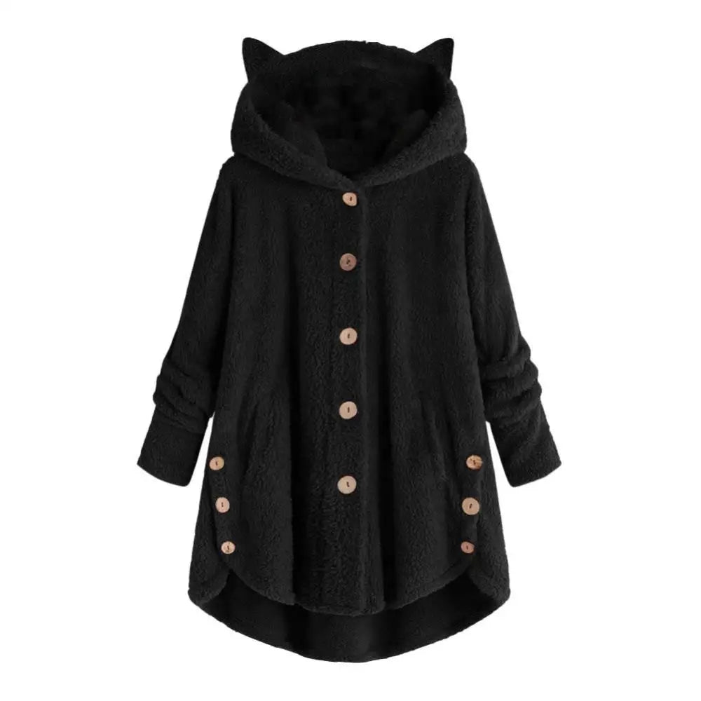 Cute Thick Plush Women Hoodies Winter Fur Cats Ears Hooded Irregular Hem Button Jacket Fleece Hoodies Coat