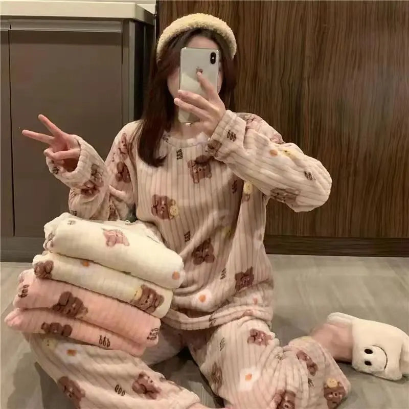 Women Velvet Pajama Set Fleecing Warm Loose Top And Elastic Waist Pants Home Casual Warm Woolen Suit Women 2023 Autumn Winter