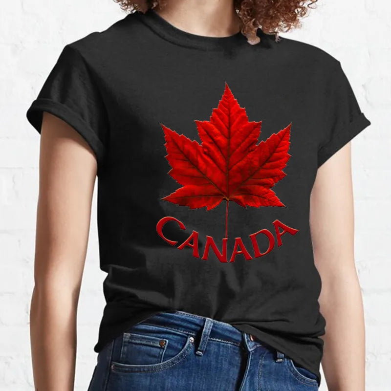Love Canada T-Shirt – Maple Leaf Graphic & Letter Design, Black Casual Short Sleeve Tee for Women (Harajuku Style)