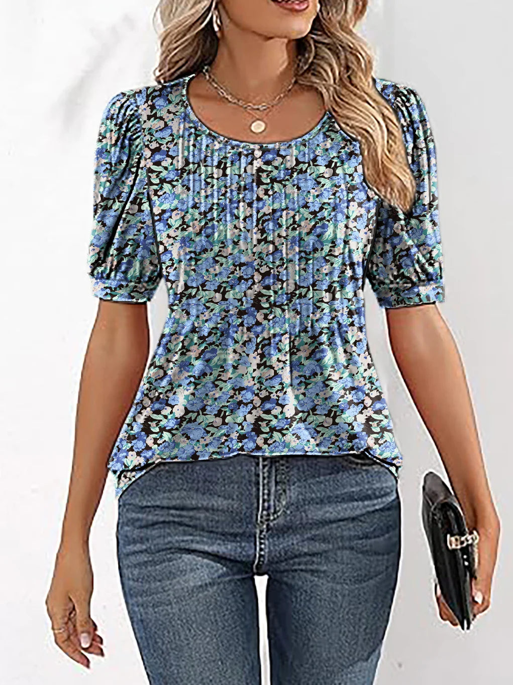 Women's V-Neck Tunic Top – Puff Pleated Short Sleeve Summer Blouse | Casual & Workwear Fashion Shirt