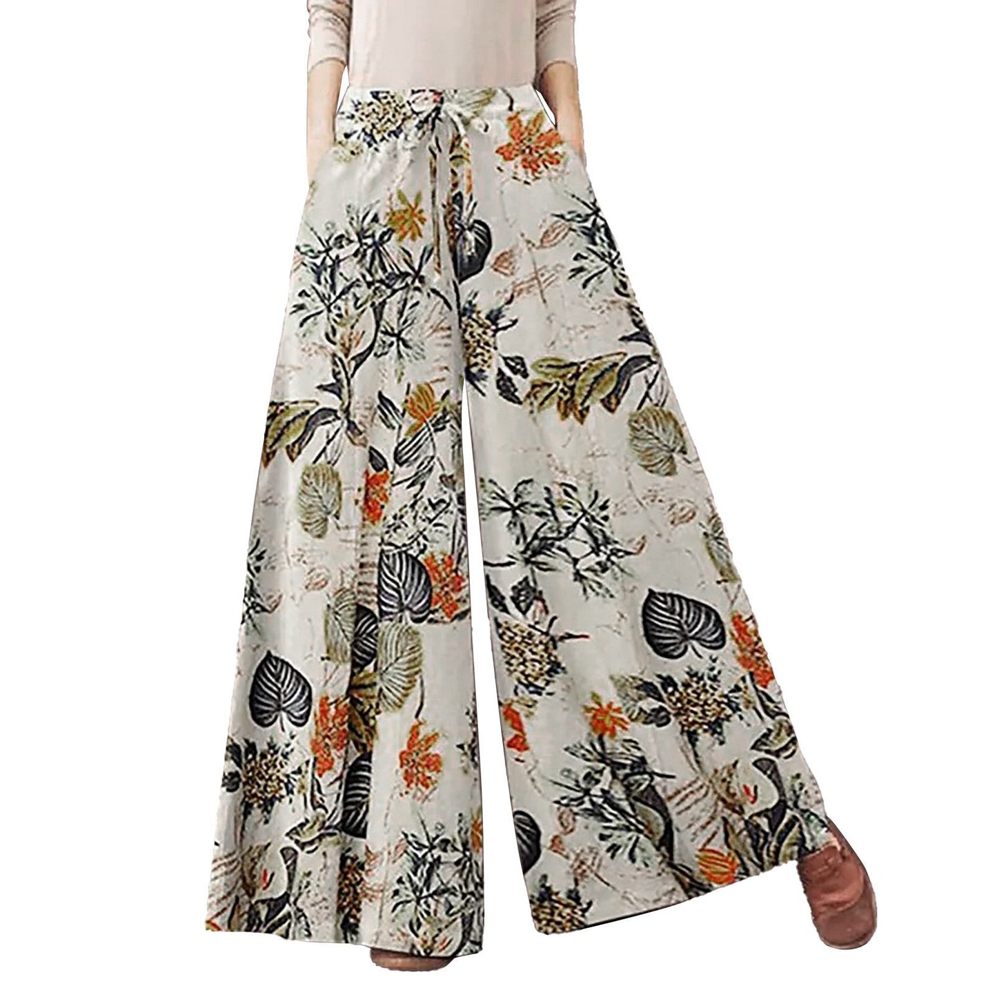 Women'S Casual Floral Printed Pants Belt Elastic Waist Wide Leg Pants Pocket Long Wide Leg Trousers Pantalones De Mujer 바지