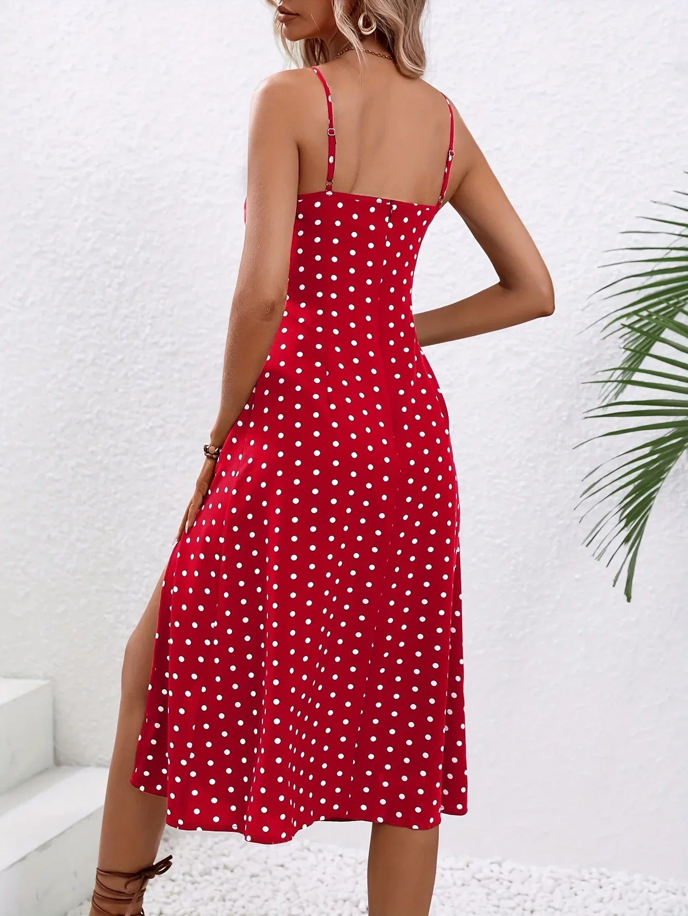 Women's Polka Dot Spaghetti Strap Summer Dress – Sleeveless Slit Midi Dress | Boho Casual Beachwear