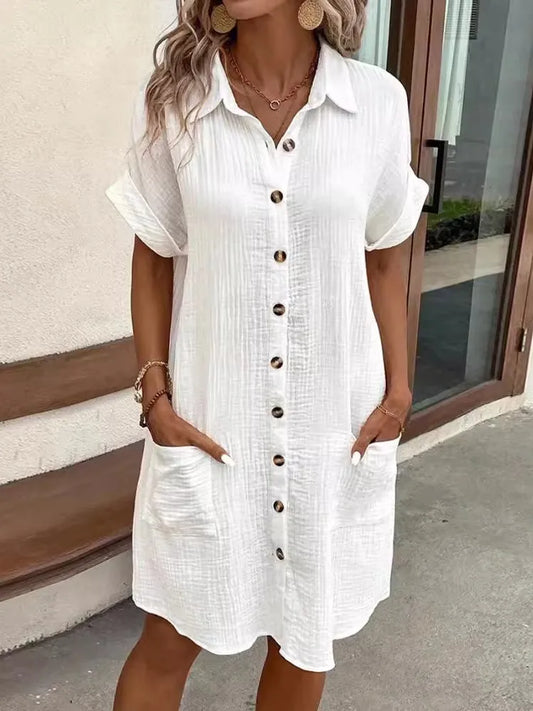 Summer Women’s V-Neck Button Dress – Sexy Single-Breasted Short Sleeve with Pockets