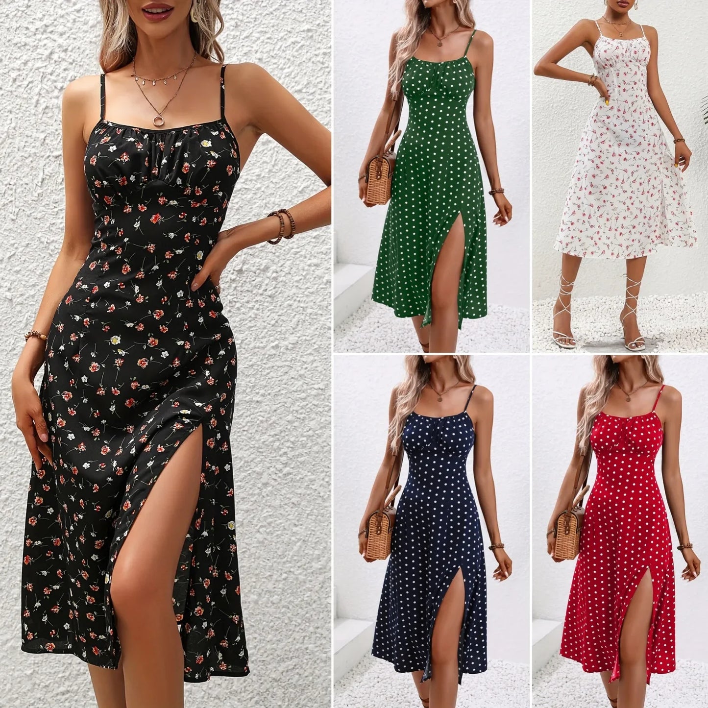 Women's Polka Dot Spaghetti Strap Summer Dress – Sleeveless Slit Midi Dress | Boho Casual Beachwear