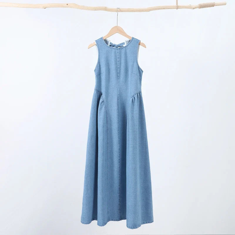 Women's Sleeveless Backless Denim Dress – Casual Round Neck, Lace-Up, High Waist, Zipper Closure | Sexy Summer High Street Style