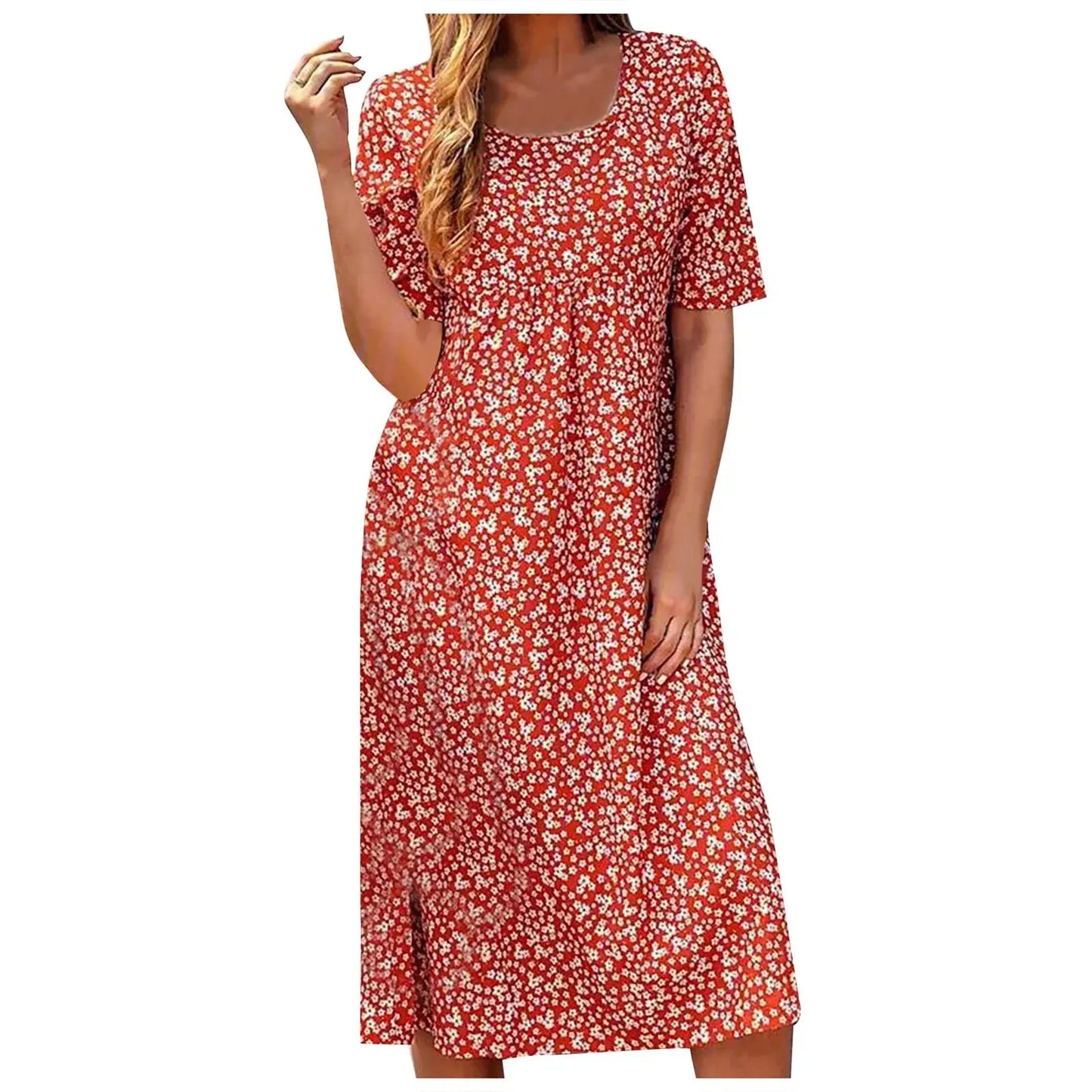 Women's Printed Floral Round Neck Pocket Short Sleeve Casual Fashion Dress