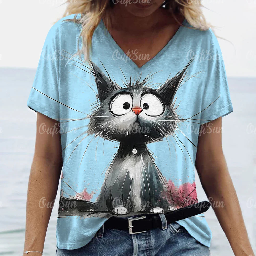 Summer Women’s Cat Print T-Shirt – Casual 3D Short Sleeve Crew Neck Pullover, Oversized Streetwear