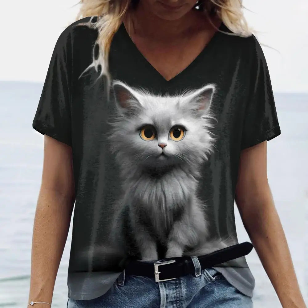 Summer Women’s Cat Print T-Shirt – Casual 3D Short Sleeve Crew Neck Pullover, Oversized Streetwear