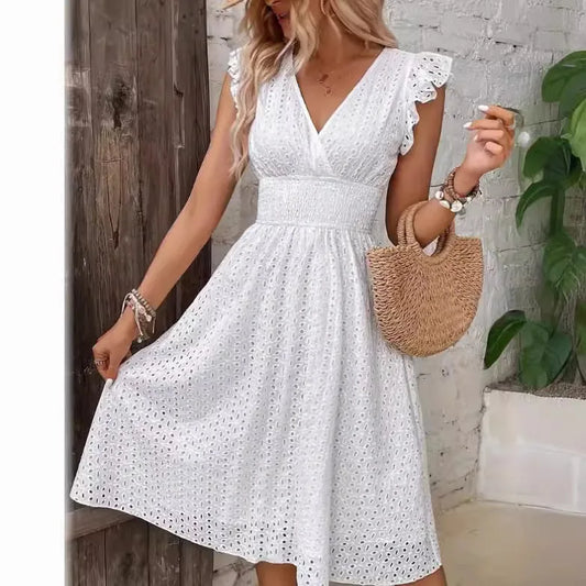 Multi-Colored Summer Dress for Women – Fashionable Casual Commuting Dress with Lotus Leaf Sleeves & Elegant Temperament