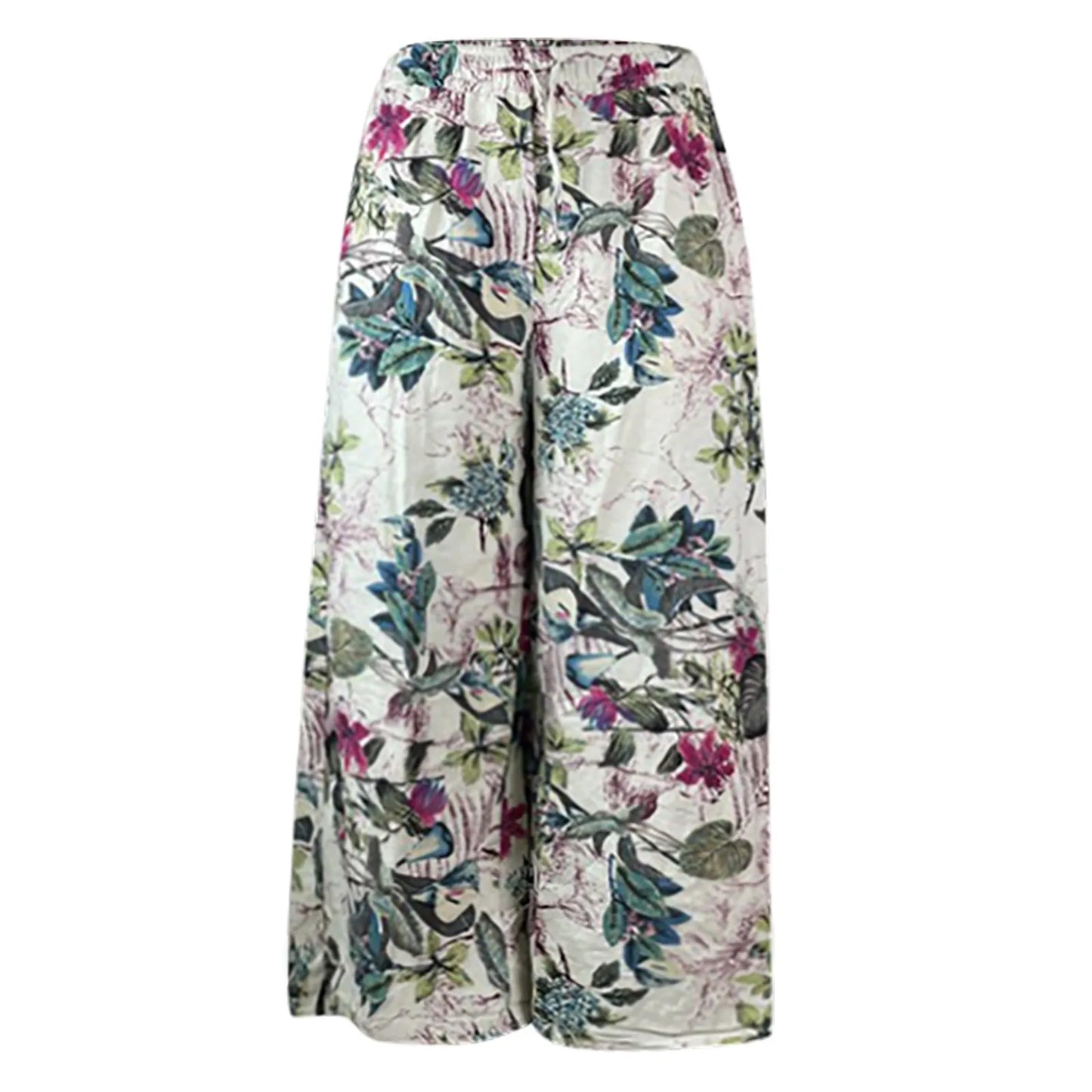 Women'S Casual Floral Printed Pants Belt Elastic Waist Wide Leg Pants Pocket Long Wide Leg Trousers Pantalones De Mujer 바지