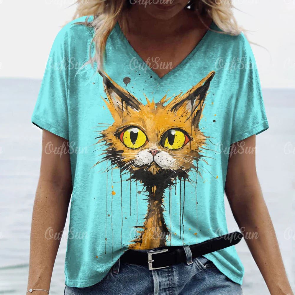 Summer Women’s Cat Print T-Shirt – Casual 3D Short Sleeve Crew Neck Pullover, Oversized Streetwear