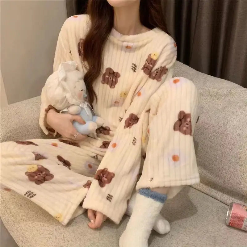 Women Velvet Pajama Set Fleecing Warm Loose Top And Elastic Waist Pants Home Casual Warm Woolen Suit Women 2023 Autumn Winter