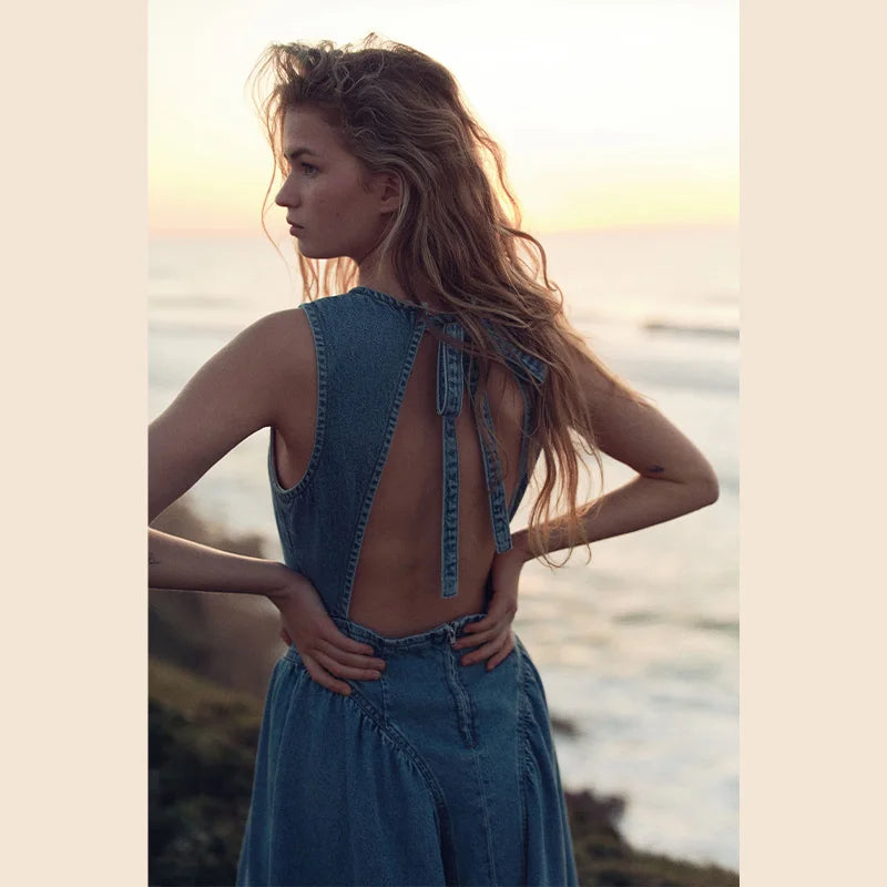 Women's Sleeveless Backless Denim Dress – Casual Round Neck, Lace-Up, High Waist, Zipper Closure | Sexy Summer High Street Style