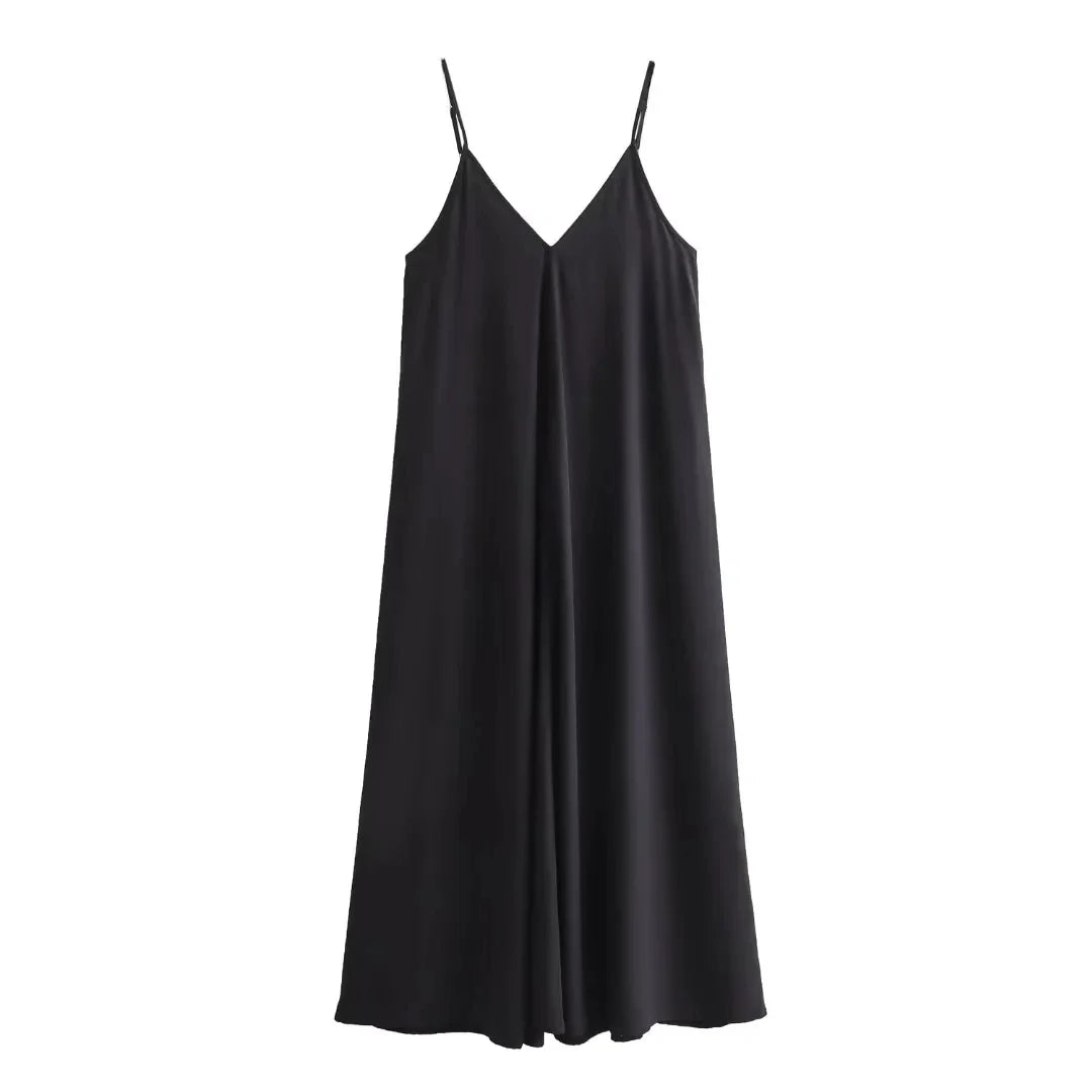 Summer Women's Loose Sleeveless Black Long Dress – Thin Straps, Backless Beach Holiday Maxi Dress