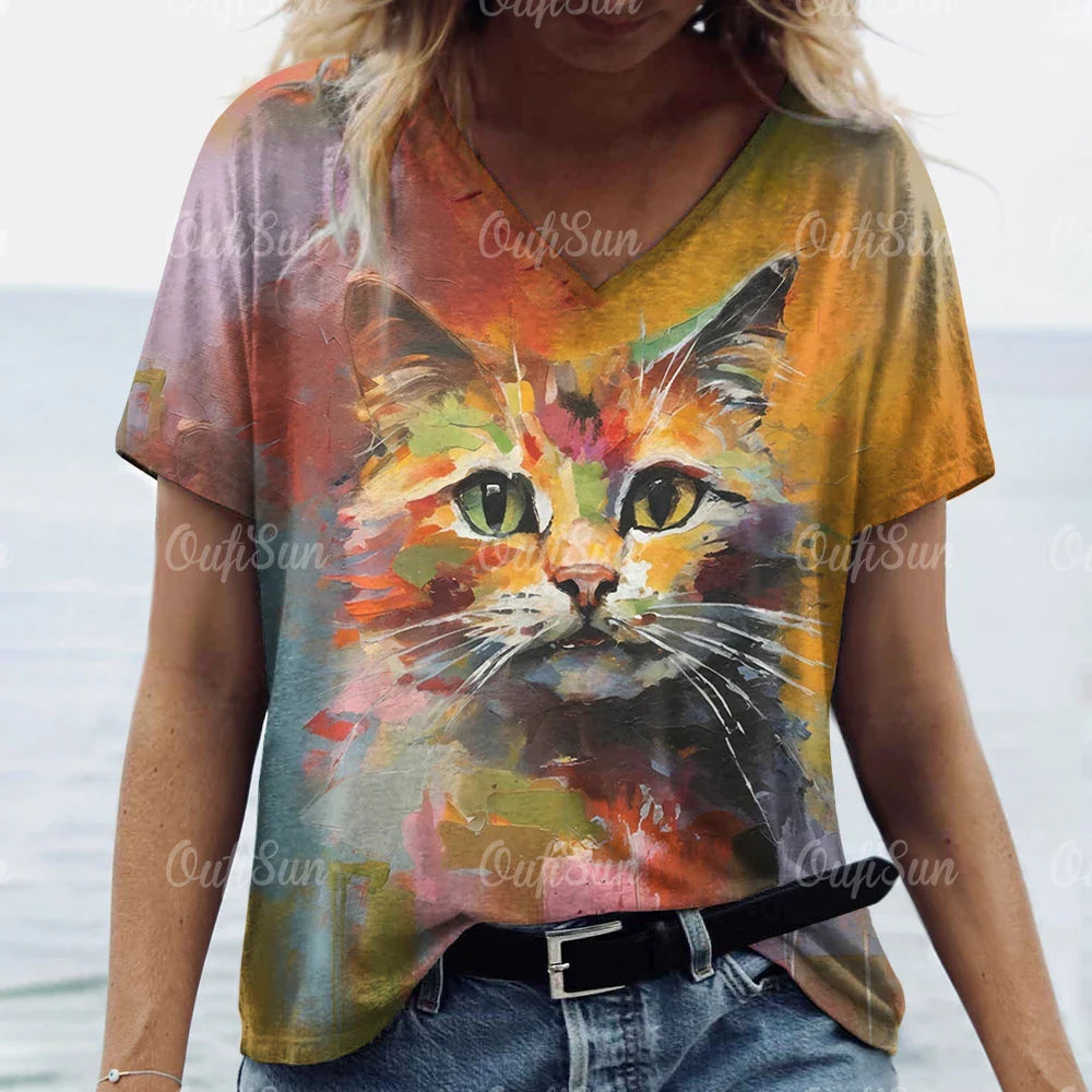Summer Women’s Cat Print T-Shirt – Casual 3D Short Sleeve Crew Neck Pullover, Oversized Streetwear