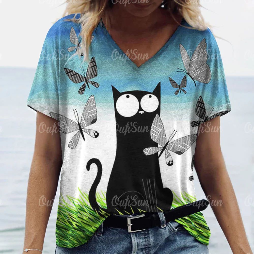 Summer Women’s Cat Print T-Shirt – Casual 3D Short Sleeve Crew Neck Pullover, Oversized Streetwear