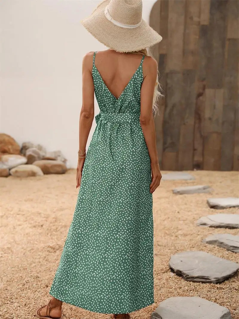 Summer Backless Floral Printed Long Dress for Women – Sexy Beachwear & Vacation Dress