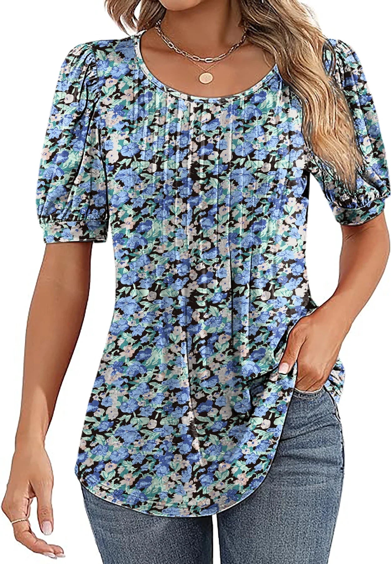 Women's V-Neck Tunic Top – Puff Pleated Short Sleeve Summer Blouse | Casual & Workwear Fashion Shirt