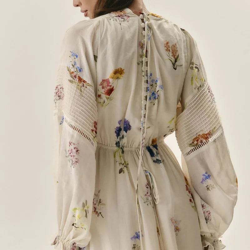 Sweet Floral Printed Backless Maxi Dress for Women – Lantern Sleeve, High Waist Long Robe | Summer Vacation Outfit