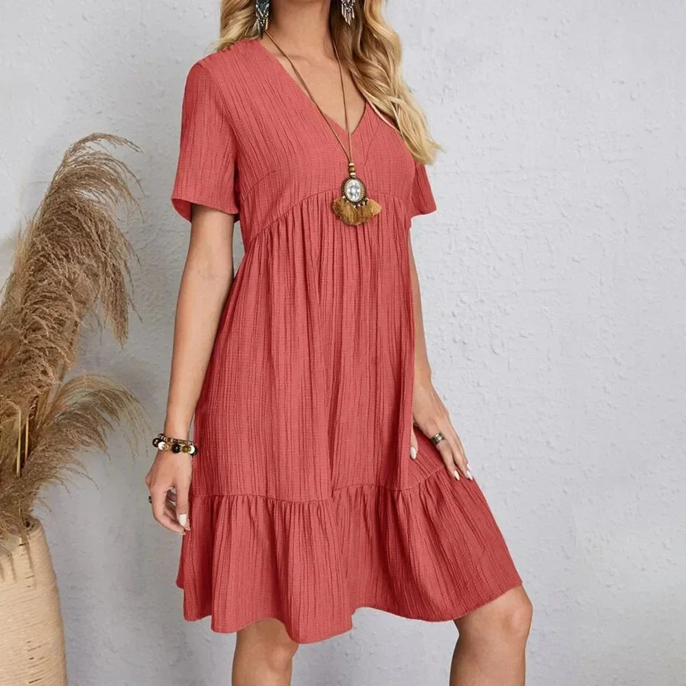 Women’s Summer Peplum Dress – Spring V-Neck Short Sleeve Loose Waist Ruffle Fit & Flare Vacation Dress