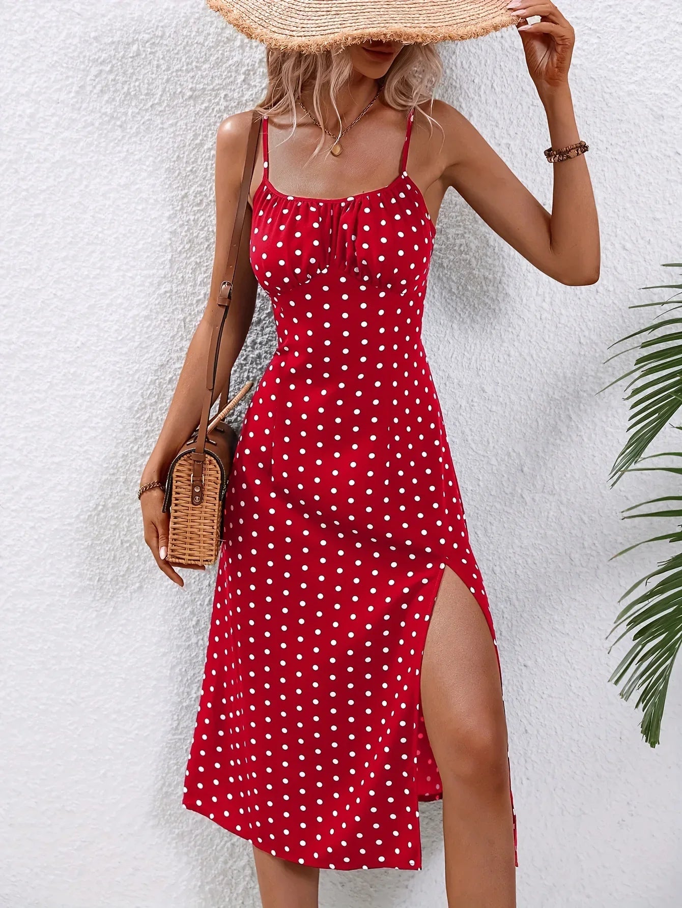 Women's Polka Dot Spaghetti Strap Summer Dress – Sleeveless Slit Midi Dress | Boho Casual Beachwear