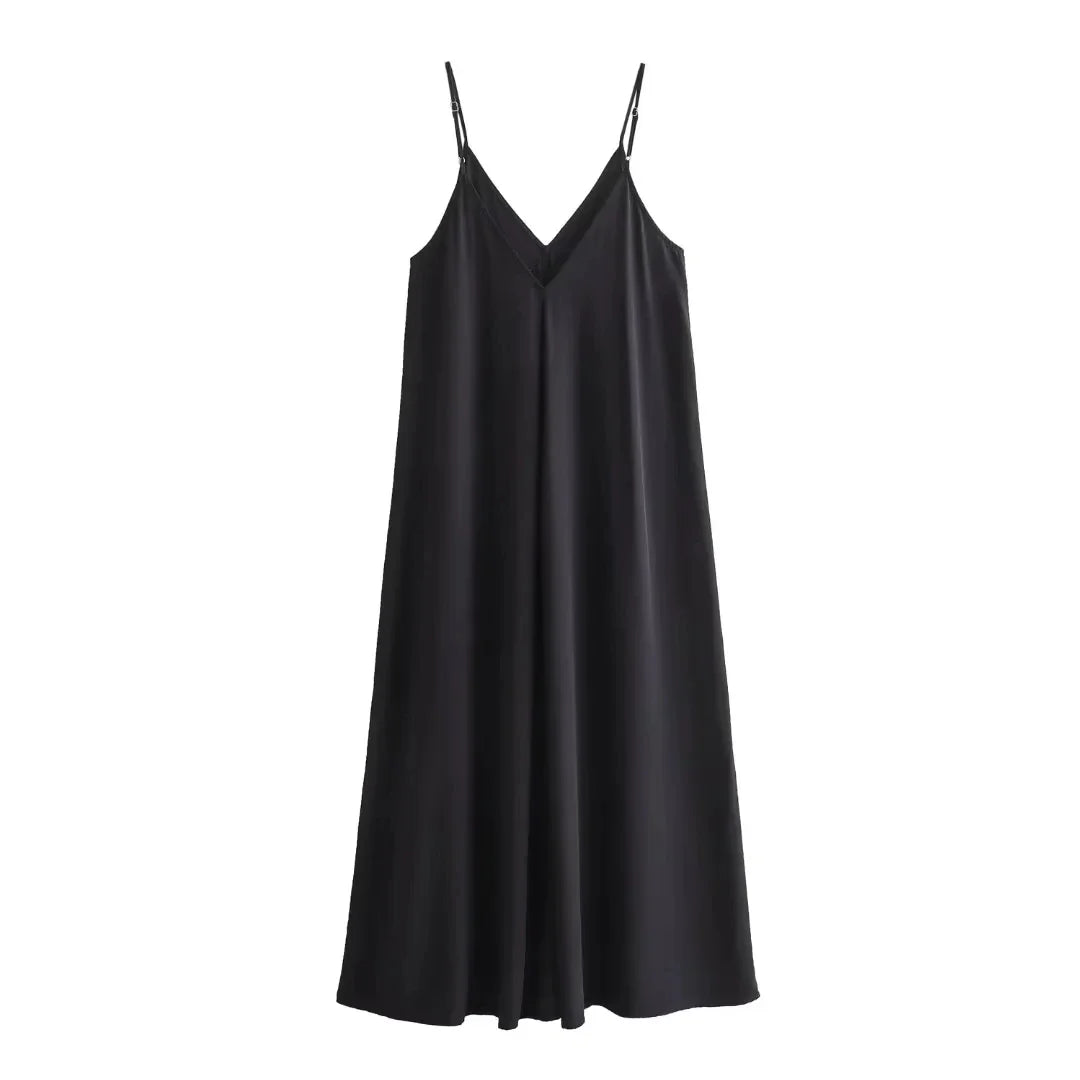 Summer Women's Loose Sleeveless Black Long Dress – Thin Straps, Backless Beach Holiday Maxi Dress