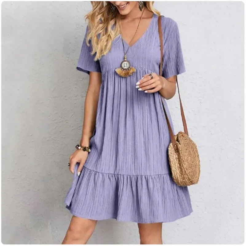Women’s Summer Peplum Dress – Spring V-Neck Short Sleeve Loose Waist Ruffle Fit & Flare Vacation Dress