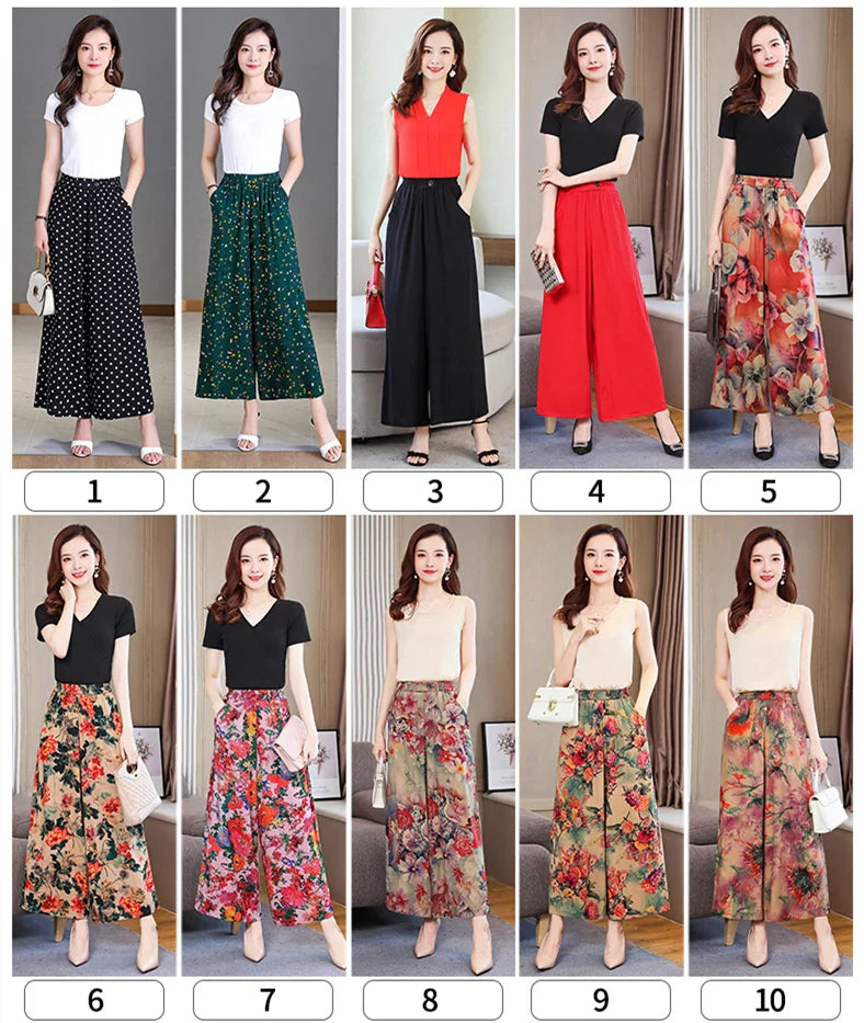 Summer Wide Leg Pants Women Loose High Waist Beach Ankle-Length Trousers Summer Casual Retro Print Plaid Pants