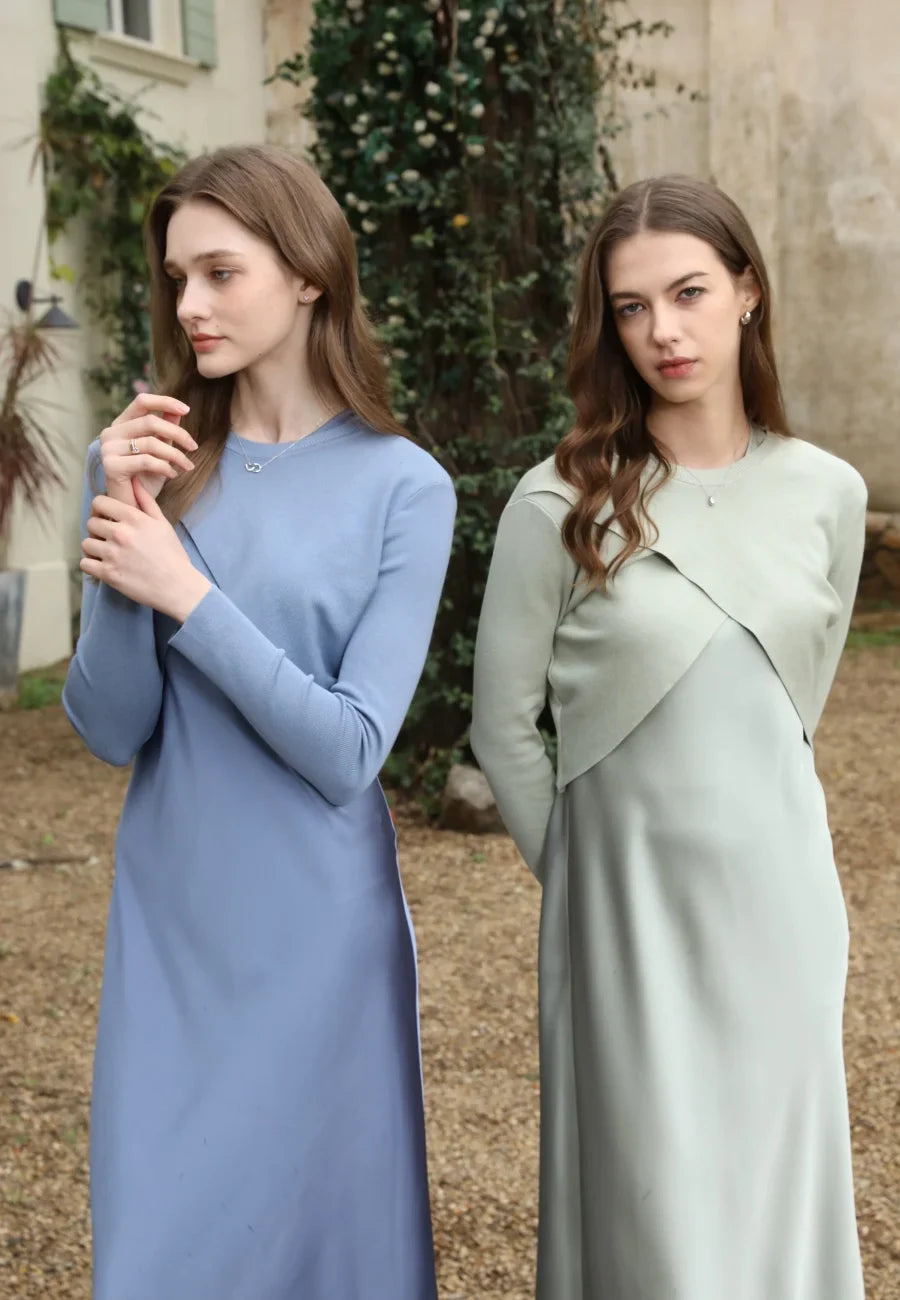 Spring Summer Women’s Elegant Satin Maxi Dress with Knitted Top | 2-Piece Floor-Length Outfit Set