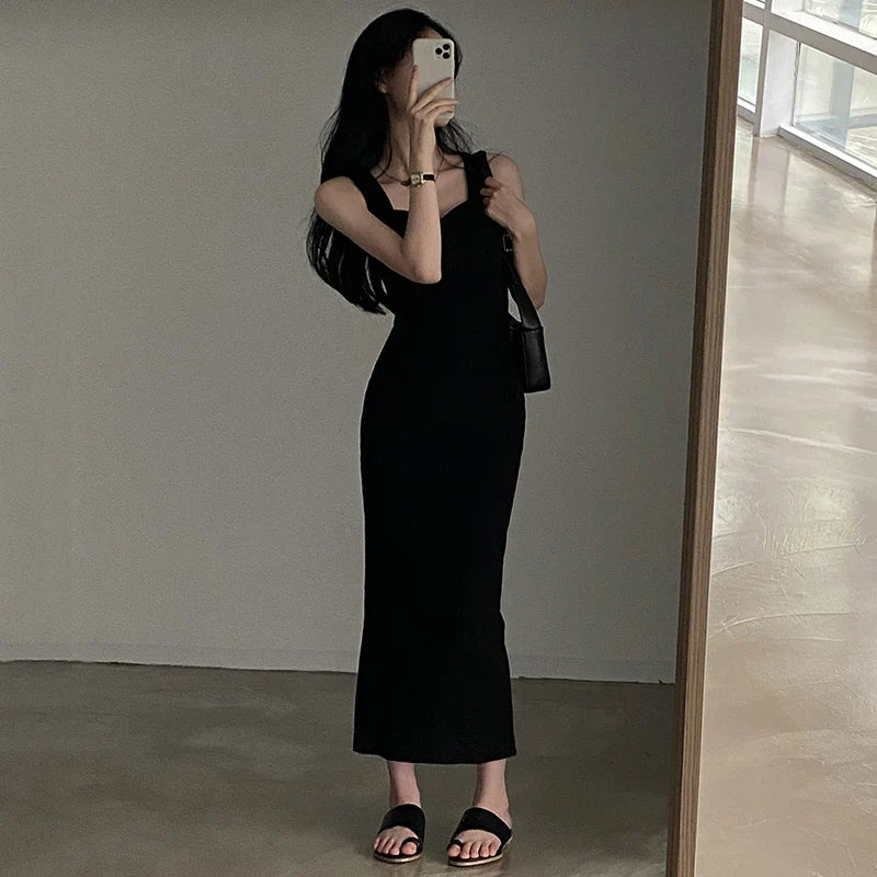 CIBBAR Basic Knit Long Dress – Korean Fashion Square Collar Sleeveless Women’s Casual Summer Y2K Vintage Outfit