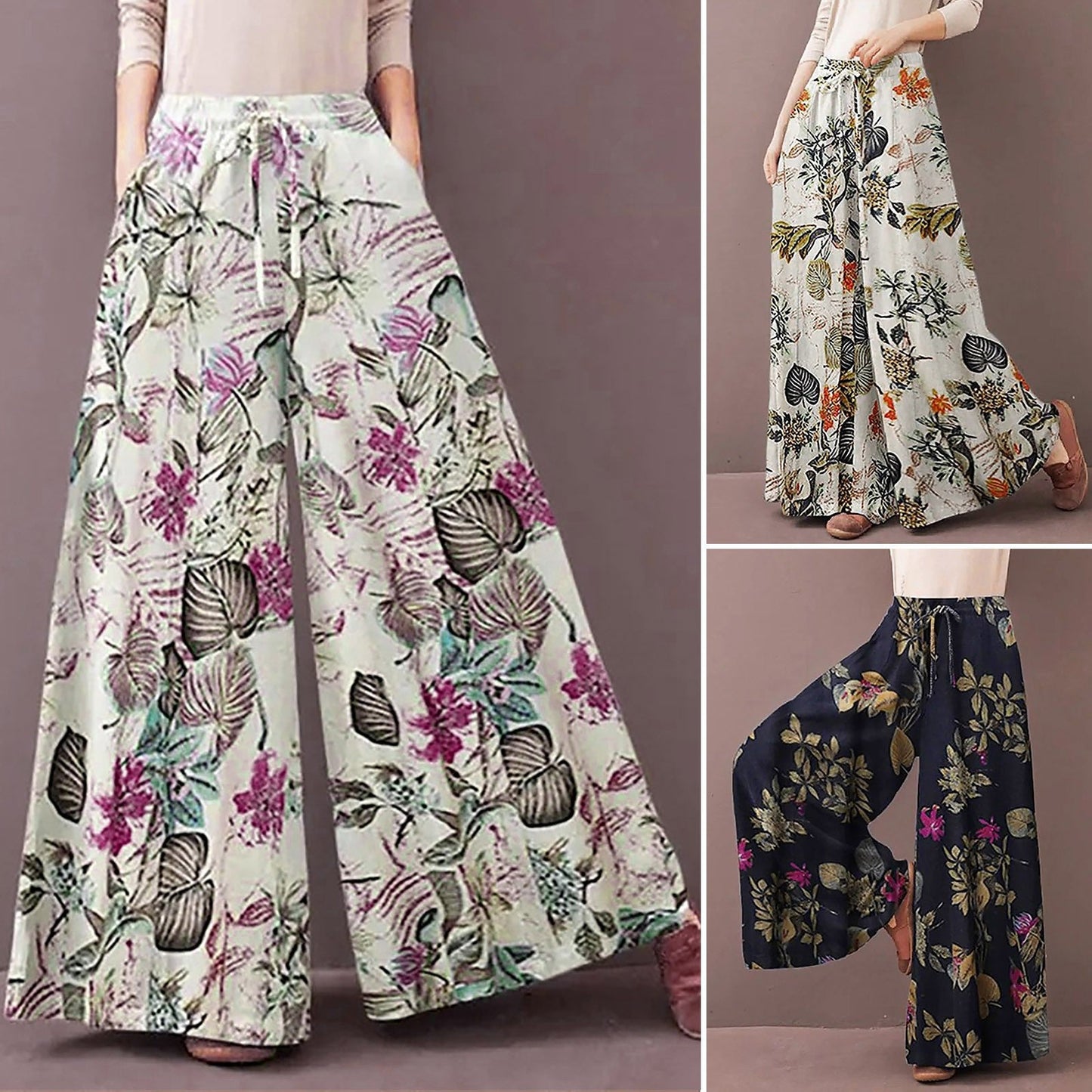 Women'S Casual Floral Printed Pants Belt Elastic Waist Wide Leg Pants Pocket Long Wide Leg Trousers Pantalones De Mujer 바지