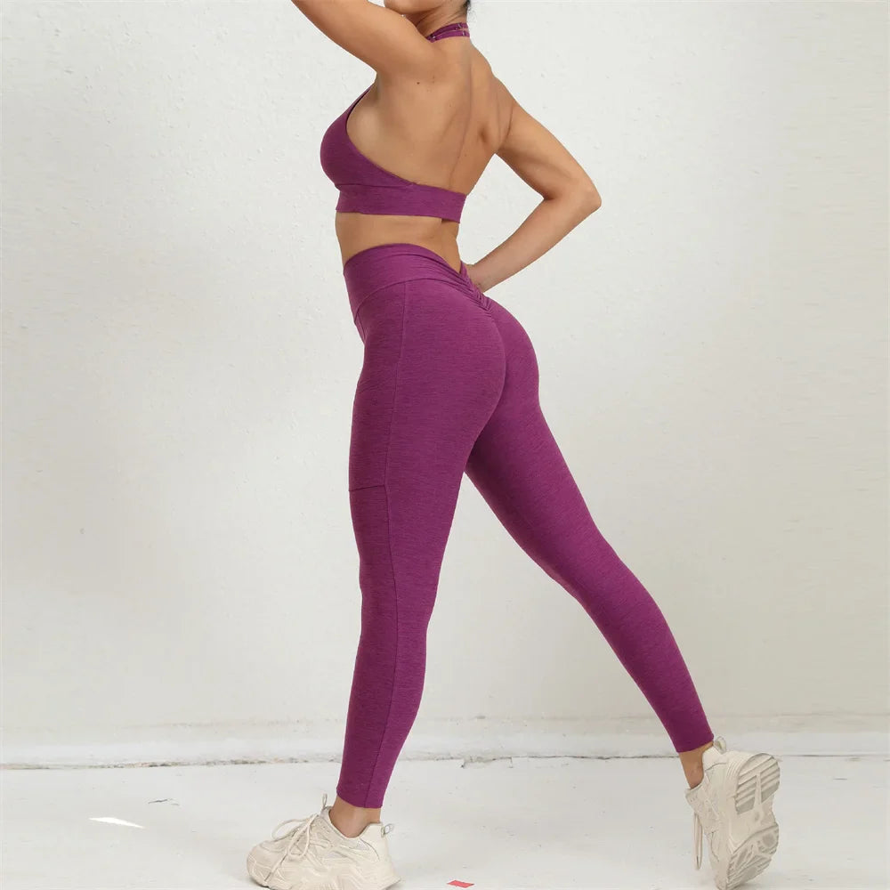 1/2PCS V-Back Halter Sports Bra & Scrunch Legging Set – Squat Proof, Pocket, Lycra Workout Yoga Gym Fitness Suit