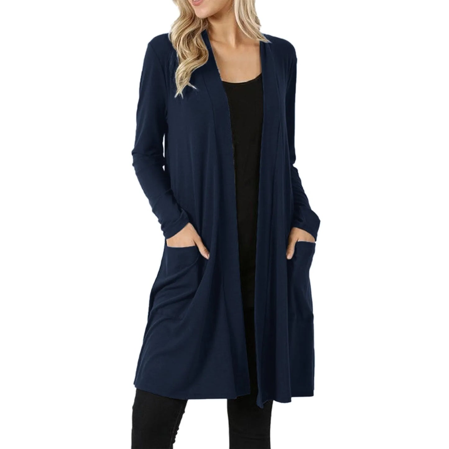 Autumn Women's Casual Solid Color Thin Open Front Sweater Jacket Simple Versatile Long Sleeve Knitted Cardigan With Pockets