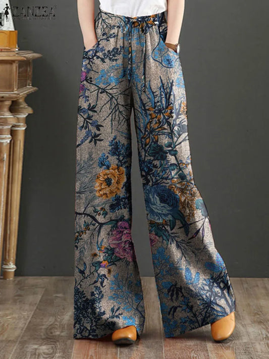 Women Vintage Floral Printed Wide Leg Pants Autumn Trousers Casual Elastic Waist Loose Palazzo Bohemian Holiday Pantalon