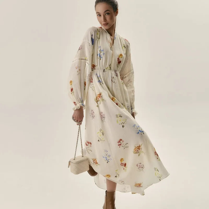 Sweet Floral Printed Backless Maxi Dress for Women – Lantern Sleeve, High Waist Long Robe | Summer Vacation Outfit