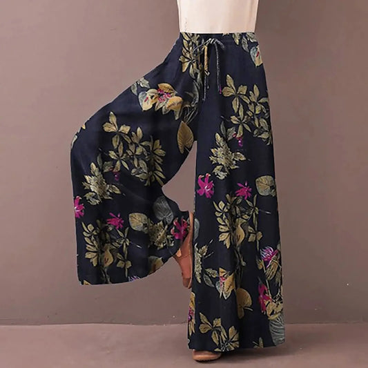 Women'S Casual Floral Printed Pants Belt Elastic Waist Wide Leg Pants Pocket Long Wide Leg Trousers Pantalones De Mujer 바지
