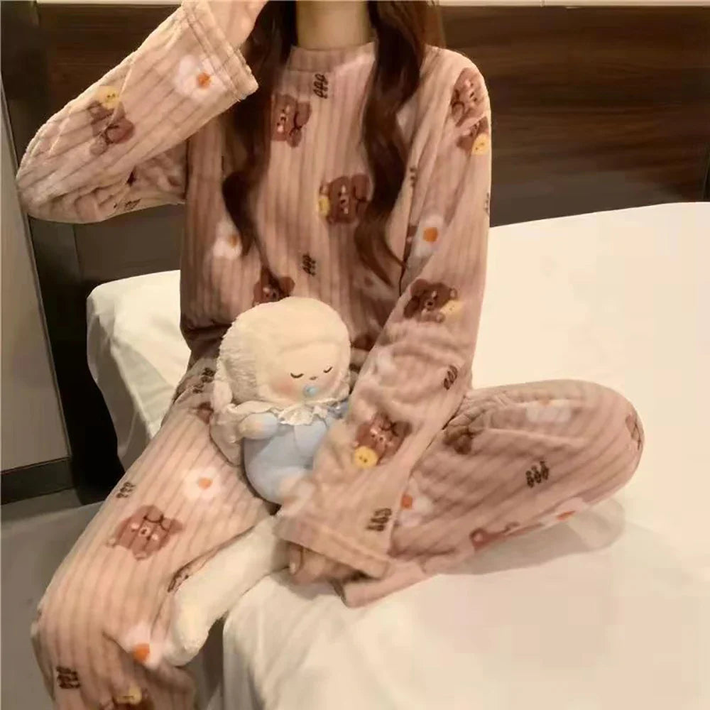 Women Velvet Pajama Set Fleecing Warm Loose Top And Elastic Waist Pants Home Casual Warm Woolen Suit Women 2023 Autumn Winter