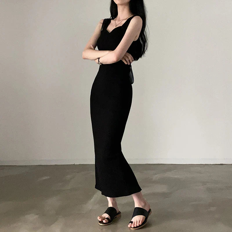 CIBBAR Basic Knit Long Dress – Korean Fashion Square Collar Sleeveless Women’s Casual Summer Y2K Vintage Outfit