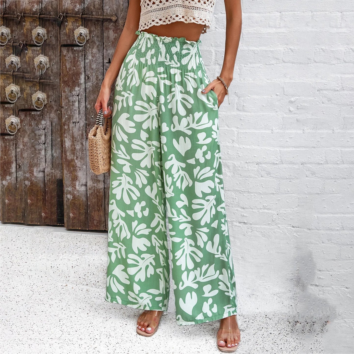 Print Floral Casual Pants Fashion Women Office Sweet High Waist Wide Leg Long Pants New 2024 Holiday Loose Trousers