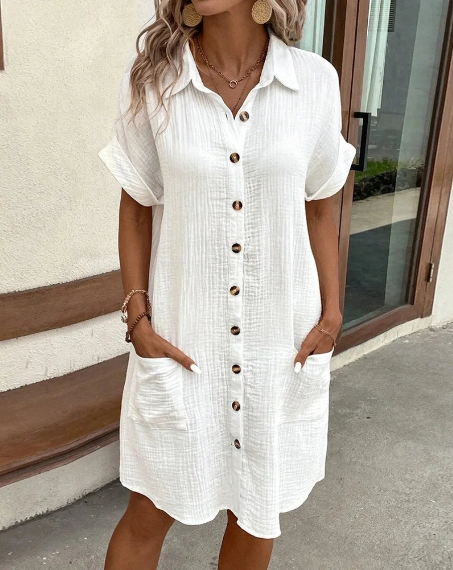 Summer Women’s V-Neck Button Dress – Sexy Single-Breasted Short Sleeve with Pockets