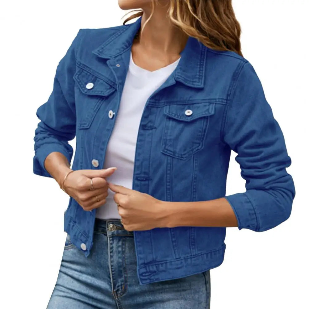 Women Denim Jacket Short Slim Korean Single Breasted Long Sleeve Coat Jean Cardigan Slim Solid Vintage Outwears High Street Chic