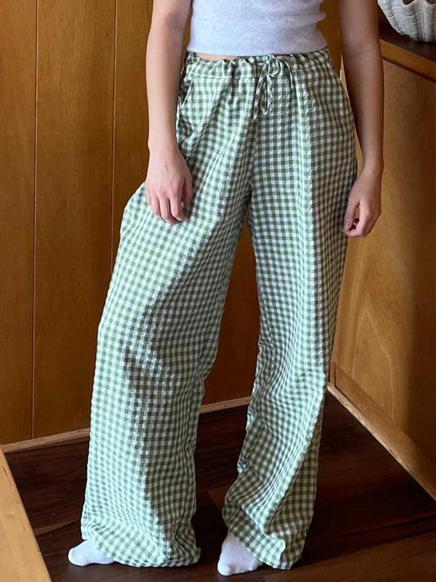 Gaono Comfy Wide Leg Pants Vintage Elastic Waist Plaid Striped Print Pants Women Lounge Trousers Pockets 00s Retro Pajams Bottom