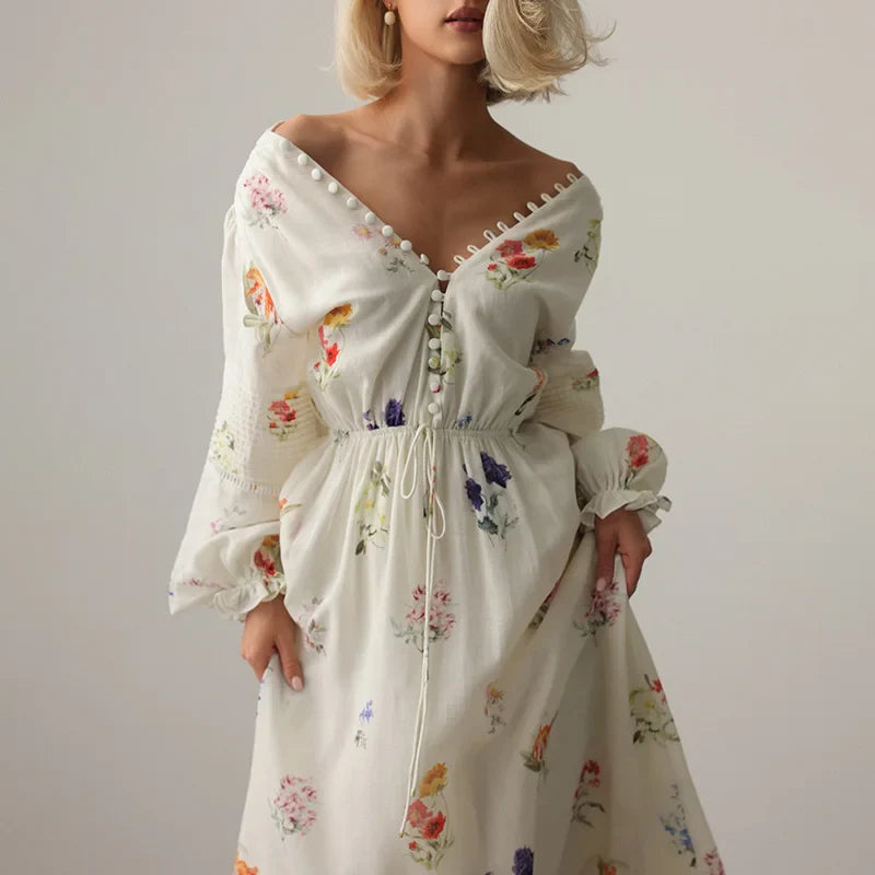 Sweet Floral Printed Backless Maxi Dress for Women – Lantern Sleeve, High Waist Long Robe | Summer Vacation Outfit