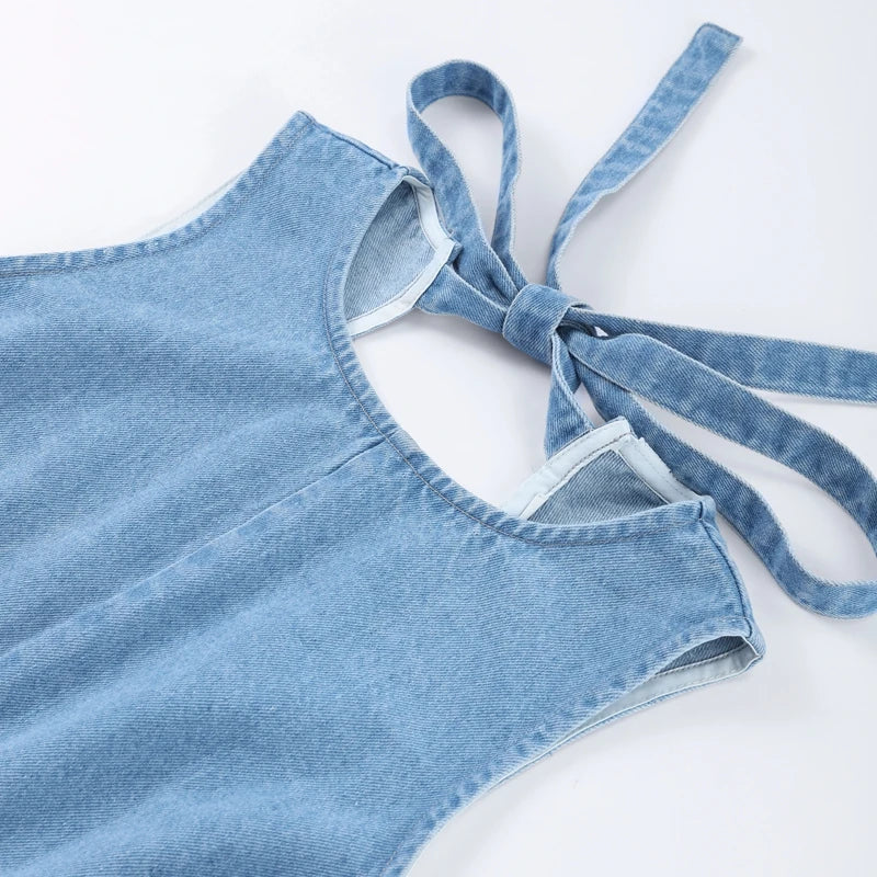 Women's Sleeveless Backless Denim Dress – Casual Round Neck, Lace-Up, High Waist, Zipper Closure | Sexy Summer High Street Style