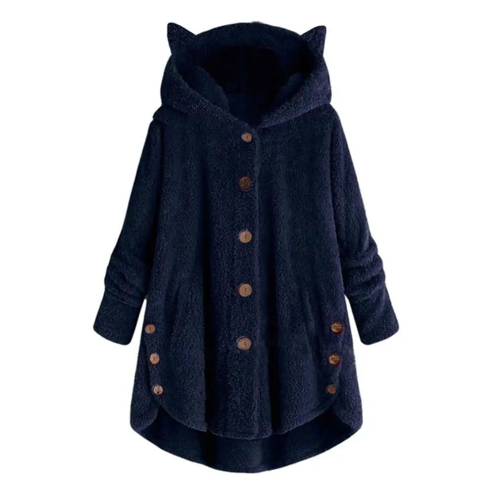 Cute Thick Plush Women Hoodies Winter Fur Cats Ears Hooded Irregular Hem Button Jacket Fleece Hoodies Coat