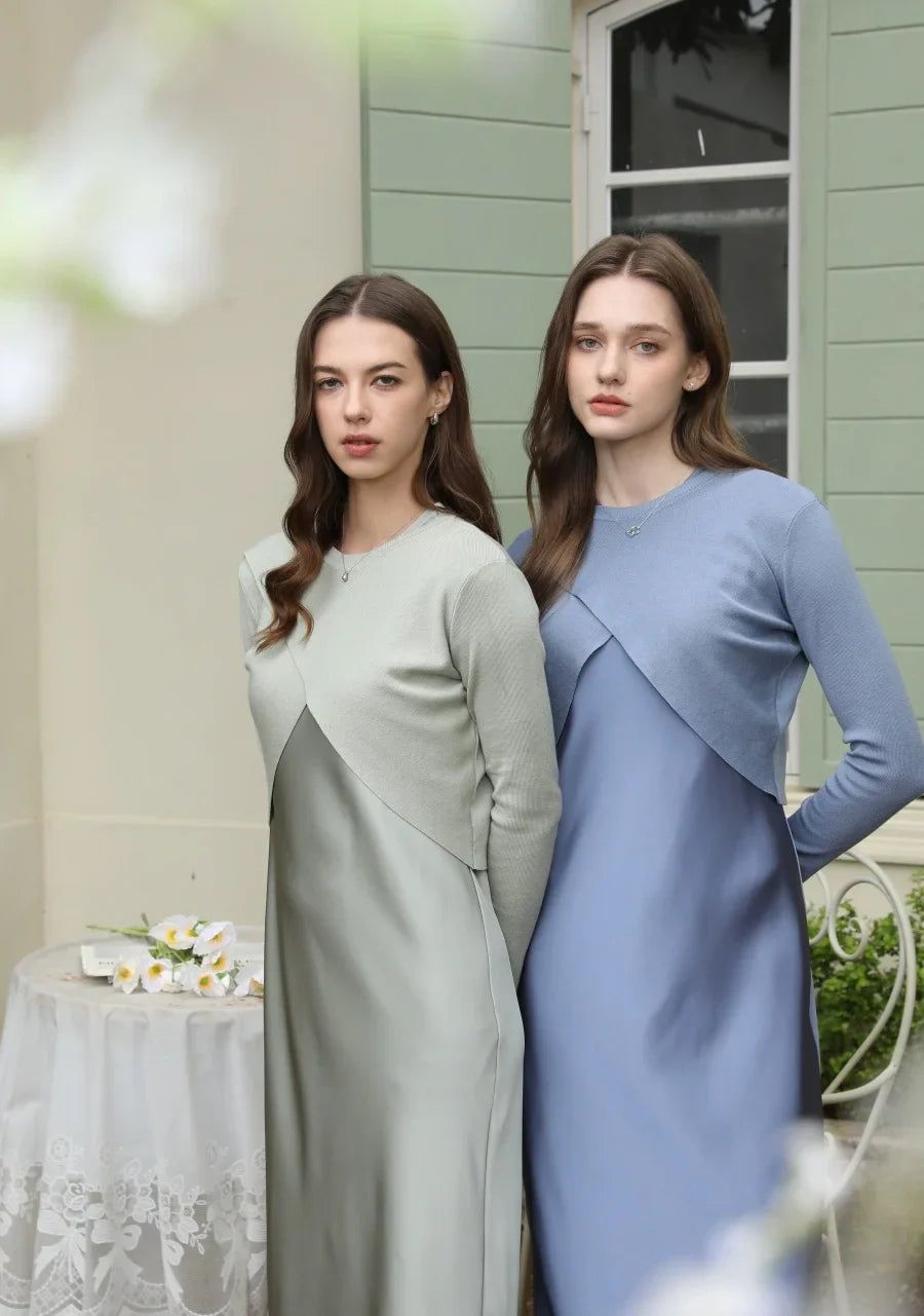 Spring Summer Women’s Elegant Satin Maxi Dress with Knitted Top | 2-Piece Floor-Length Outfit Set