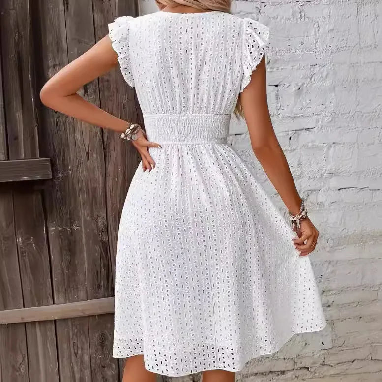 Multi-Colored Summer Dress for Women – Fashionable Casual Commuting Dress with Lotus Leaf Sleeves & Elegant Temperament