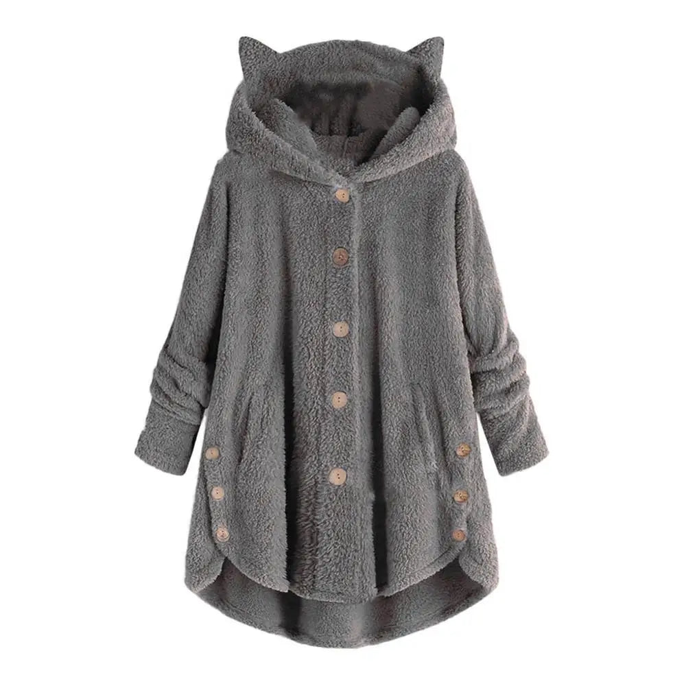 Cute Thick Plush Women Hoodies Winter Fur Cats Ears Hooded Irregular Hem Button Jacket Fleece Hoodies Coat