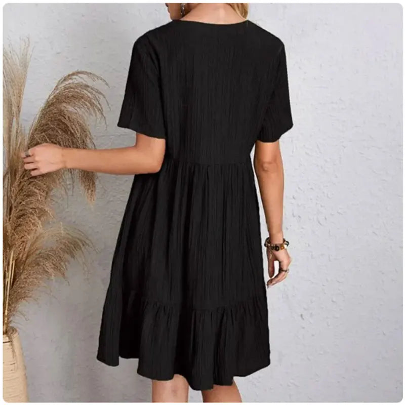 Women’s Summer Peplum Dress – Spring V-Neck Short Sleeve Loose Waist Ruffle Fit & Flare Vacation Dress