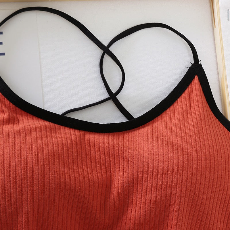 Sexy Slim Fit Open Back Crop Top – Solid Color Women’s Camisole with Chest Cushion Strap